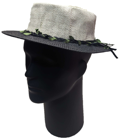 ** HAT Cream Black Boater Hat Pleated Leaf Black Band Summer Sun Protection NEW!