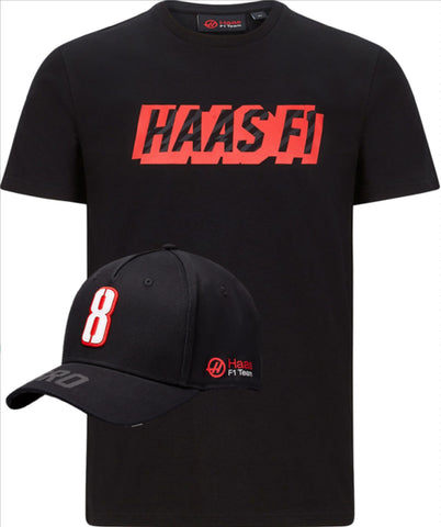 T-SHIRT & CAP Formula One 1 Haas Grosjean No.8 F1 Team NEW Graphic Logo Black S