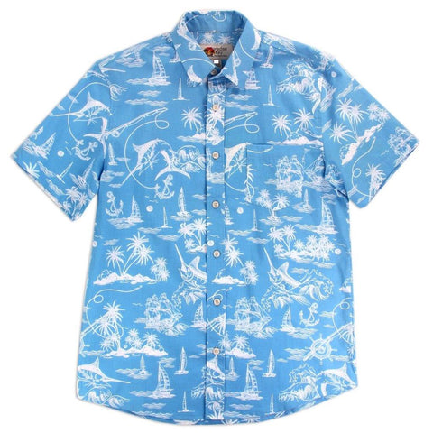 SHIRT Mens Shortsleeve Hawaiian Style Tropical Print 100% Cotton NEW! Blue LARGE