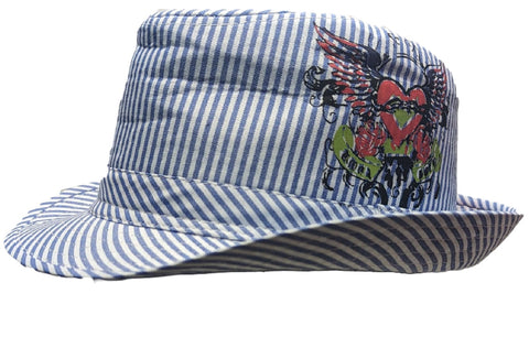 ** HAT Blue Stripe 2002 Trilby Printed Tattoo Summer Holiday Beach Wear NEW! 59