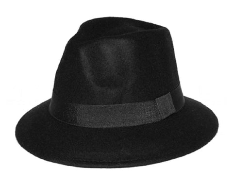 ** HAT Black Felt Fedora with Banded Detail Wide Brim Classic NEW! TH14300