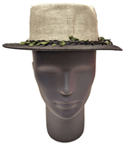 ** HAT Cream Black Boater Hat Pleated Leaf Black Band Summer Sun Protection NEW!