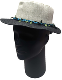 Cream Black Boater Hat Pleated Leaf Blue BandSummer Sun Protection Size: One Size