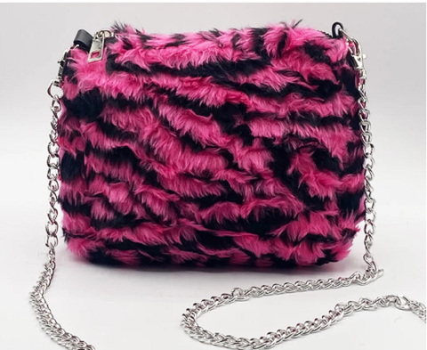 ** BAG Zip Small Lined Bright Pink Zebra Print Clutch Bag Handbag with Chain NEW