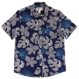 Hawaiian Style Tropical Palm Print Shirt 100% Cotton Navy - Size: Mens