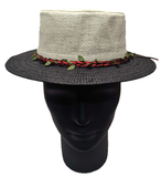 ** HAT Cream Black Boater Hat Pleated Leaf Band Red Summer Sun Protection NEW!
