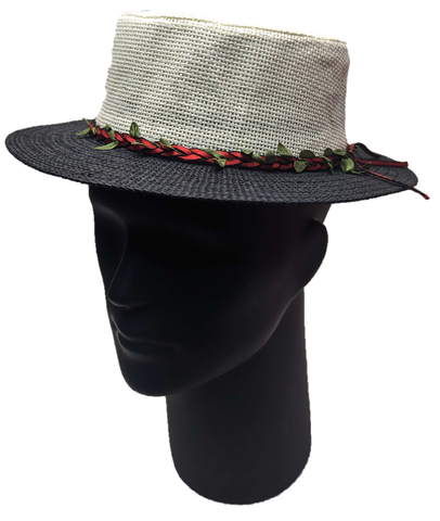 ** HAT Cream Black Boater Hat Pleated Leaf Band Red Summer Sun Protection NEW!