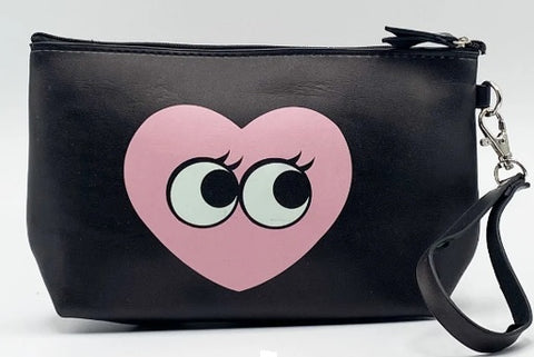 Love Heart Print & Eyes Pencil Case Toiletry Bag Black Pink Bag