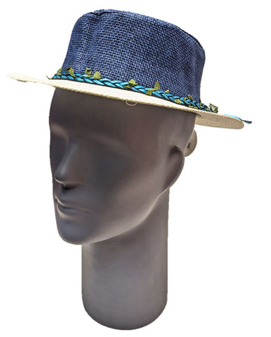 ** HAT Blue with Cream Rim Pleat Band Fashion Summer Sun Protection NEW! TH036